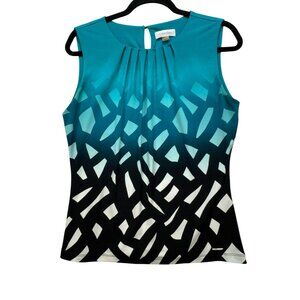 Calvin Klein Womens Sleeveless Blouse Top Size S Blue Black Geo Keyhole Ombre